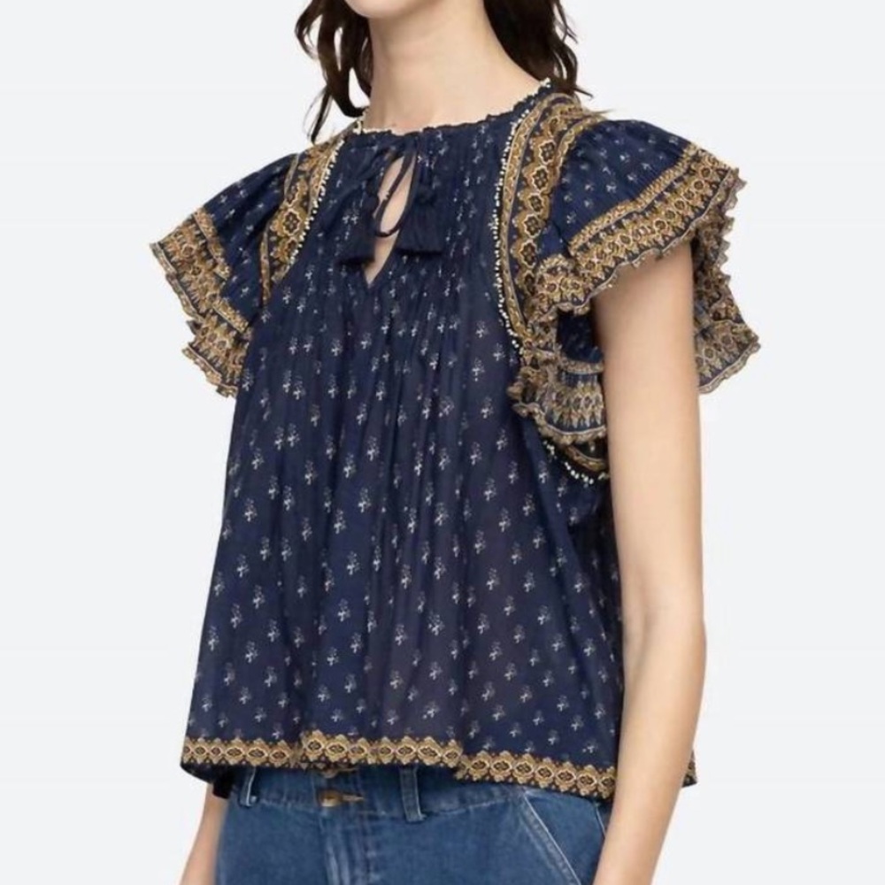 SEA arlita print flutter sleeve top in navy Sz XS Boho Tassel Tie Beaded Blouse